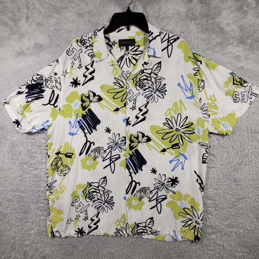Green Graffiti Floral GraphicButton Up Shirt Mens XL Short Sleeve Doodle‎